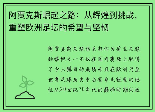 阿贾克斯崛起之路：从辉煌到挑战，重塑欧洲足坛的希望与坚韧