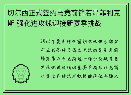 切尔西正式签约马竞前锋若昂菲利克斯 强化进攻线迎接新赛季挑战